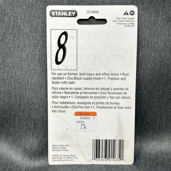 Vintage 2002 Stanley House Number 8 Black Finish 4" NOS 57-9958 USA Packaged - Picture 2 of 8